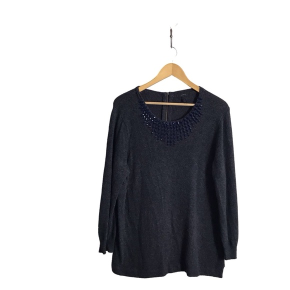 J Crew Large Gray Navy Wool Blend Jeweled-starburst‎ Sparkle Sweater Holiday - Picture 1 of 10